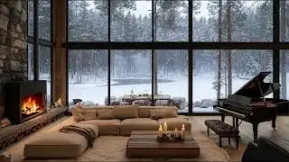 Winter Cozy Living Room Ambience with Gentle Piano Music and Fireplace Sounds for Relax to Snow Day