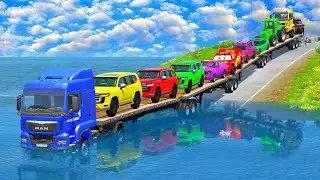 Triple Flatbed Trailer McQueen Transportation with Truck - Speedbumps vs Cars vs Train - BeamNG #103