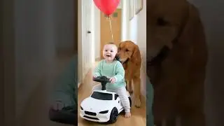 Kids and dogs are laughing together. Baby smile sound!
