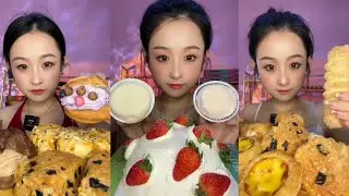 ASMR 🍰 Strawberry Cake,Cream Puffs,Mochi, Egg Tart,Mini Cake|Soft & Satisfying Eating Sounds#asmr