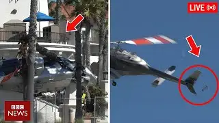 Moment helicopter spins out of control and crashes near California beach.
