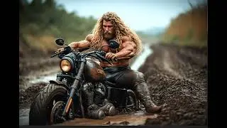 Muscular guy in tight leather pants on stuck motorcycle.