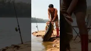 낚시 중 거대 메콩잉어가 펄기를 삼켰다! 1순간 구출한 남자 Giant Mekong Catfish Swallows Pug! Man Saves Dog with Hoe 🐶🐟