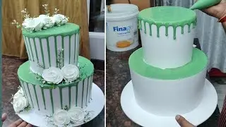 Elegant Green & White Floral Drip Cake | Premium Whipeed Cream Two-Tier Design 🎂🌿