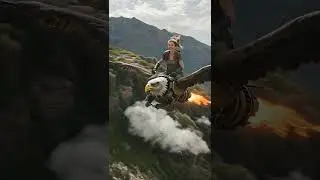 Young female explorer, piloting a rugged but powerful mechanical eagle.