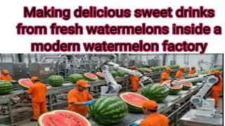 Making delicious sweet drinks from fresh watermelons inside a modern watermelon factory