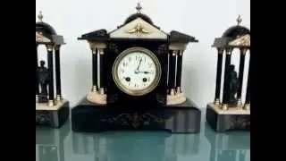 Marble Black French Clock Set Art Nouveau 8 days Pillar mantel Shelf
