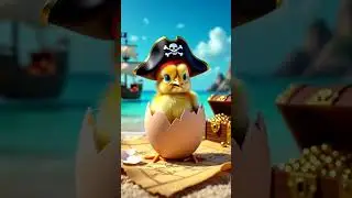 baby chick wearing a pirate hat, breaking out of an eggshell on a treasure map,