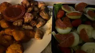 Barbecue pork bites, spicy chicken and a pepperoni salad for dinner