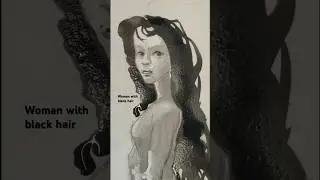 Woman with black hair. Illustration drawn in pencil, finalized with graphite pencils