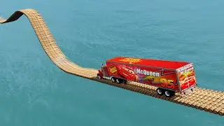 Mack Truck vs Impossible Log Wave Bridge Crossing Cars Vs Deep Water - BeamNG.Drive