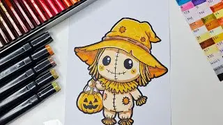 How I Drew & Colored Mr. Patchkins | Cute Halloween Scarecrow Art for Kids