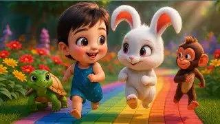 Cute Baby & Animal Friends Running on Rainbow Path | Cartoon Tadka | Colorful Animated Scene