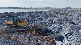 Large Pile of Stones Best Action Power Bulldozer Shantui Push Rock in mud and Dump Truck Unloading R