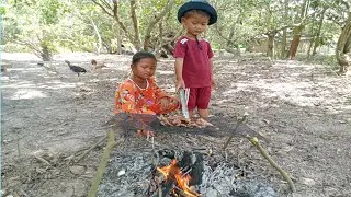 Rural life in Cambodia / Good kids cleaning the chicken farm / Roasting quail for eating