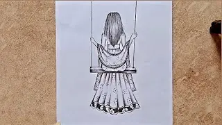 How to draw a swinging girl backside with beautiful dress| Pencil drawing for beginners| girl sketch