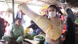 Ride motorbike to market to buy ingredient for cooking/ Heart of coconut tree recipe / Market show