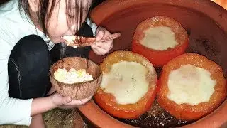 Primitive Technology - Chicken Eggs in Tomatoes Grilled On Clay Pot - Cooking Eggs Eating Delicious