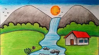 How to draw Mountain river Scenery || Easy Scenery Drawing for beginners || village scenery drawing