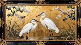 Frame TV Art 4K - Vintage Gold Leaf Heron Painting - Framed Art With Music