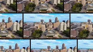Aerial views of downtown St Louis and the Gateway Arch