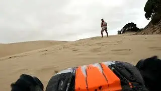Onboard: Traxxas Erevo 2. SAND PADDLES! Fast beach/dune bash. 16/50 gearing.