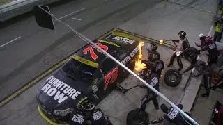 Truex Jr.'s car catches on fire during pit stop
