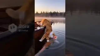 The Cat is fishing 😺🐟 #cat #boat #river #fish #fishing #sora2 #sora #cute #real #realistic