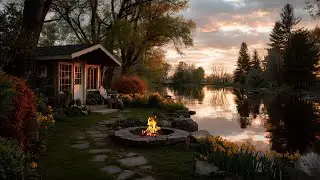 Gentle Spring Afternoon at the Lake Cabin | Cozy Fire Pit and Calm Outdoor Sounds for Relaxation