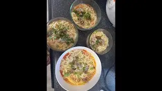 #96 #Thao prepared noodle soup with meat for breakfast for her four dogs.