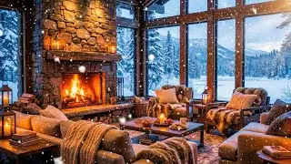Cozy Snowy Cabin ❄️ Relaxing Piano Music & Fireplace Crackles with Falling Snow [4K]