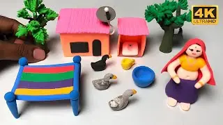 ✨DIY How To Make Polymer Clay Miniature Village House, Tree, Washroom Set, Charpai, Duck