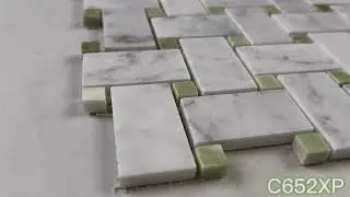 Marble Online - Carrara White Marble 1x2 Basketweave Mosaic Tile w/ Green Jade Dots Polished
