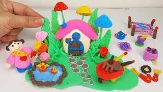 Diy How To Make polymer Clay Miniature Fantasy House,Kitchen Set,Charpai,water pond,Duck's,flowers