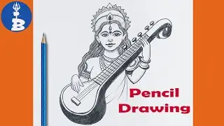 Maa Saraswati Devi Drawing _ Maa Saraswati Thakur With Bina Drawing _  Maa Saraswati Pujo Drawing