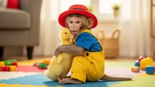 Baby Monkey and Yellow Duckling Play Together at Home | Adorable Indoor Fun | Cute Animal Friends