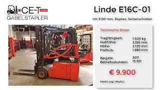 Linde E16C-01 // HH 3150 mm, Duplex, Seitenschieber, Elektro 3 Rad, Frontstapler, Gabelstapler