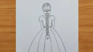 Girl Back Side Drawing with Braid and Bow | Pencil Sketch.