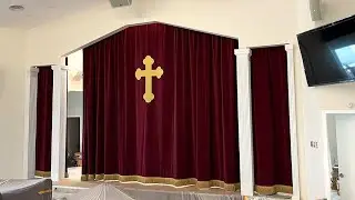 S&K - Church Custom Curtain - Red with Fringe and Gold Cross - Installation