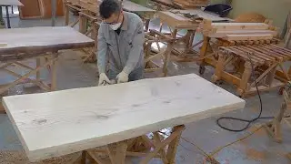 process of making a wooden dining table. wooden furniture factory in Korea.