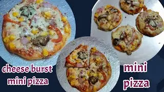 Mini cheese burst pizza and mini pizza. without oven, without yeast pizza on tawa. mini pizza recipe
