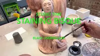 MAKE IT LOOK OLD. Staining Bisque  with Black Underglaze#art #finearts #clay #crafts