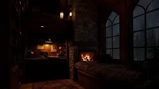 Cozy Work Corner by the Fireplace – Night Rain & Distant Thunder for Deep Focus