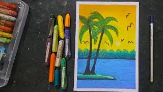 How To Draw Beautiful Sunset In The Beach | Easy Sunset Scenery Drawing | Step by Step Elegant arts 