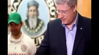 Canadian Prime Minister Stephen Harper makes pizza at Caboto Club in Windsor