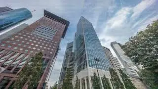 Hyperlapse looking up perspective at glass skyscrapers in Frankfurt's Innenstadt district. Germany