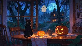Rainy Halloween Night 🎃 | Cozy LoFi Ambience with Black Cat & Ghost