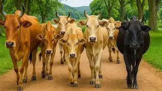 Aktivitas Sapi Lucu Berjalan menuju ladang rumput hijau, Suara Sapi Moo, Sapi gemuk dan sehat