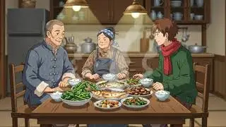 Traditional Chinese Dinner Feast Preparation During Mountain Storm Village Cooking GhibliStyle ASMR
