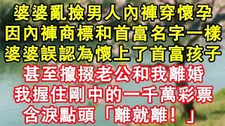婆婆乱捡男人内裤穿意外怀孕，因为内裤商标和首富名字一样，婆婆误认为怀上了首富孩子，甚至撺掇老公和我离婚，我握住手里刚中的一千万彩票，含泪点头「离就离！」#故事 #人生哲理